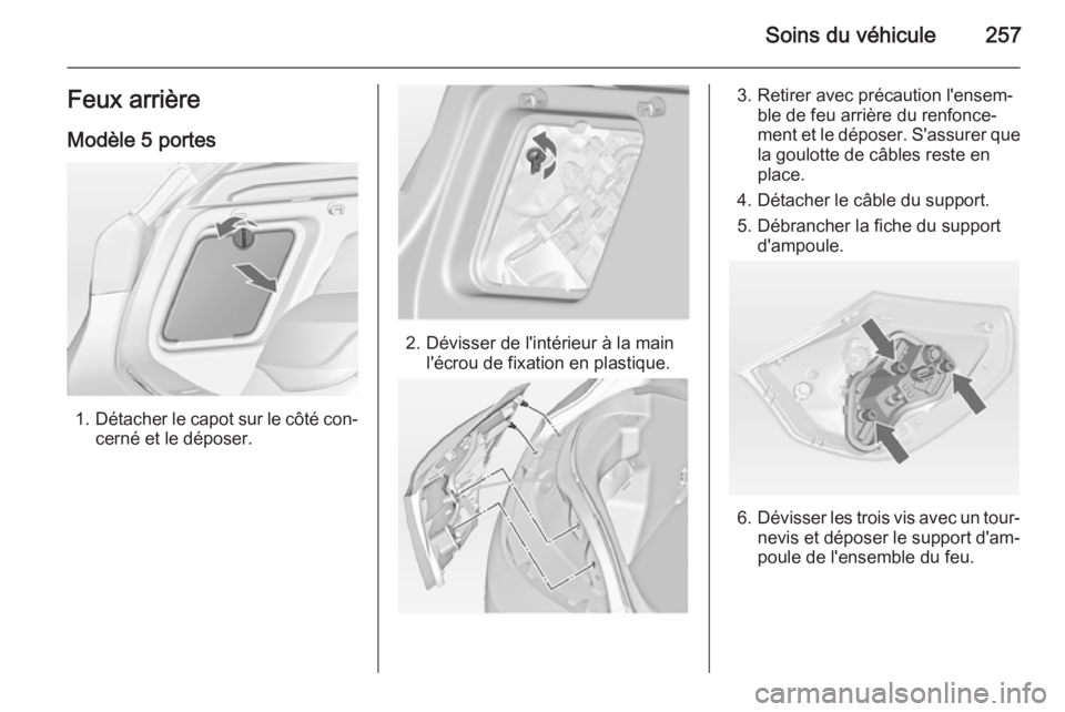 OPEL ASTRA J 2014  Manuel dutilisation (in French) Soins du véhicule257Feux arrière
Modèle 5 portes
1. Détacher le capot sur le côté con‐
cerné et le déposer.
2. Dévisser de l'intérieur à la main l'écrou de fixation en plastique.