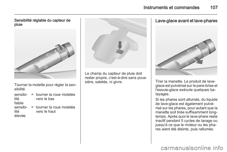 OPEL ASTRA J 2014.5 Manuel dutilisation (in French) Instruments et commandes107
Sensibilité réglable du capteur de
pluie
Tourner la molette pour régler la sen‐
sibilité
sensibi‐
lité
faible=tourner la roue moletée
vers le bassensibi‐
lité
OPEL ASTRA J 2014.5 Manuel dutilisation (in French) Instruments et commandes107
Sensibilité réglable du capteur de
pluie
Tourner la molette pour régler la sen‐
sibilité
sensibi‐
lité
faible=tourner la roue moletée
vers le bassensibi‐
lité