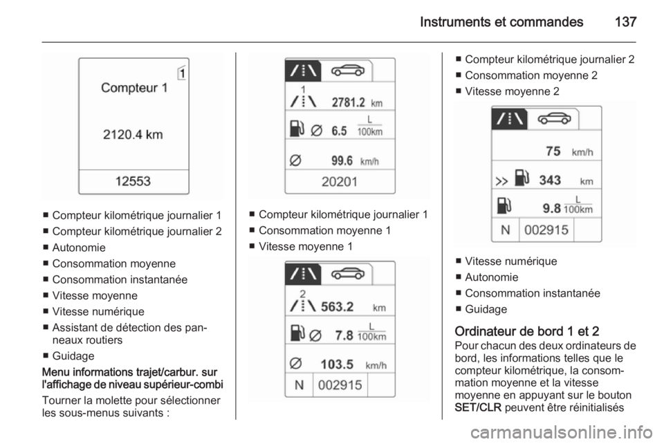 OPEL ASTRA J 2014.5 Manuel dutilisation (in French) Instruments et commandes137
■ Compteur kilométrique journalier 1
■ Compteur kilométrique journalier 2
■ Autonomie
■ Consommation moyenne
■ Consommation instantanée
■ Vitesse moyenne
■ OPEL ASTRA J 2014.5 Manuel dutilisation (in French) Instruments et commandes137
■ Compteur kilométrique journalier 1
■ Compteur kilométrique journalier 2
■ Autonomie
■ Consommation moyenne
■ Consommation instantanée
■ Vitesse moyenne
■