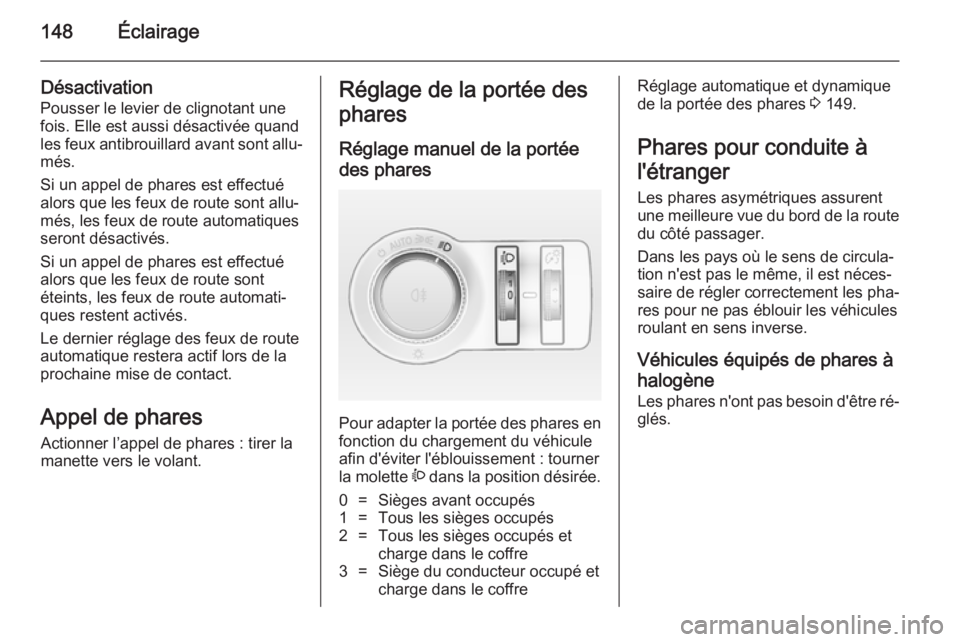 OPEL ASTRA J 2014.5 Manuel dutilisation (in French) 148Éclairage
Désactivation
Pousser le levier de clignotant une
fois. Elle est aussi désactivée quand
les feux antibrouillard avant sont allu‐
més.
Si un appel de phares est effectué
alors que OPEL ASTRA J 2014.5 Manuel dutilisation (in French) 148Éclairage
Désactivation
Pousser le levier de clignotant une
fois. Elle est aussi désactivée quand
les feux antibrouillard avant sont allu‐
més.
Si un appel de phares est effectué
alors que