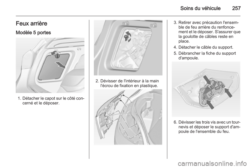 OPEL ASTRA J 2015  Manuel dutilisation (in French) Soins du véhicule257Feux arrière
Modèle 5 portes
1. Détacher le capot sur le côté con‐
cerné et le déposer.
2. Dévisser de l'intérieur à la main l'écrou de fixation en plastique.