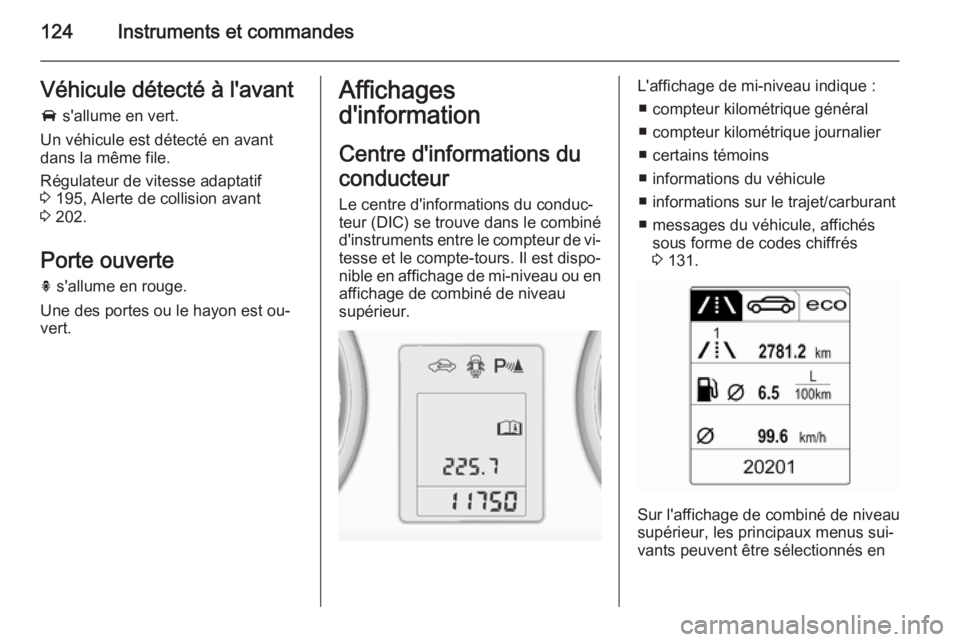OPEL ASTRA J 2015.75 Manuel dutilisation (in French) 124Instruments et commandesVéhicule détecté à l'avantA s'allume en vert.
Un véhicule est détecté en avant
dans la même file.
Régulateur de vitesse adaptatif
3 195, Alerte de collisi OPEL ASTRA J 2015.75 Manuel dutilisation (in French) 124Instruments et commandesVéhicule détecté à l'avantA s'allume en vert.
Un véhicule est détecté en avant
dans la même file.
Régulateur de vitesse adaptatif
3 195, Alerte de collisi