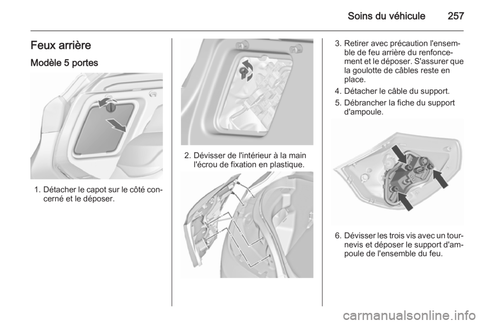 OPEL ASTRA J 2015.75 Manuel dutilisation (in French) Soins du véhicule257Feux arrière
Modèle 5 portes
1. Détacher le capot sur le côté con‐
cerné et le déposer.
2. Dévisser de l'intérieur à la main l'écrou de fixation en plastique. OPEL ASTRA J 2015.75 Manuel dutilisation (in French) Soins du véhicule257Feux arrière
Modèle 5 portes
1. Détacher le capot sur le côté con‐
cerné et le déposer.
2. Dévisser de l'intérieur à la main l'écrou de fixation en plastique.