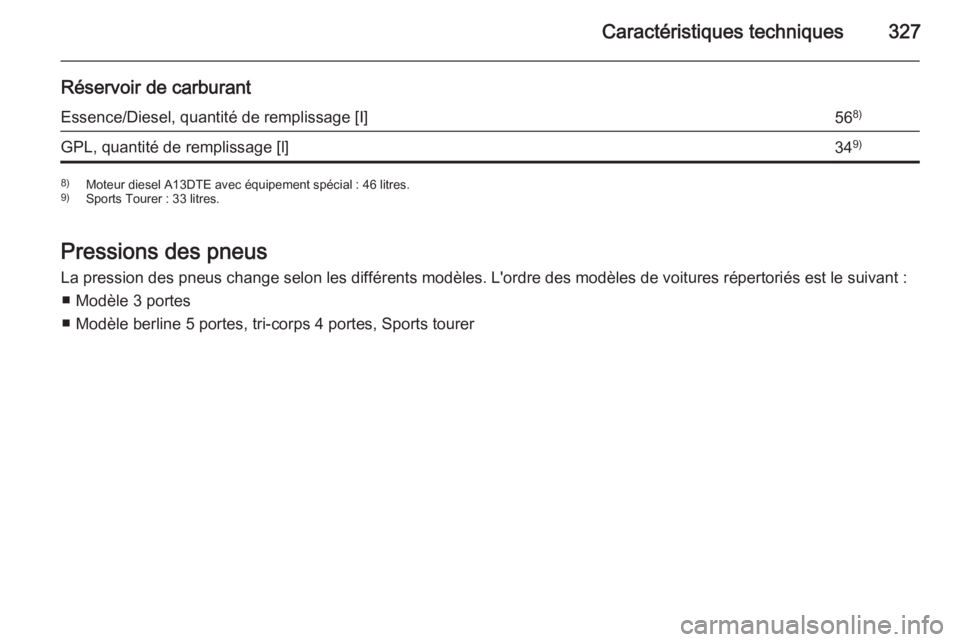 OPEL ASTRA J 2015.75  Manuel dutilisation (in French) Caractéristiques techniques327
Réservoir de carburantEssence/Diesel, quantité de remplissage [I]568)GPL, quantité de remplissage [l]349)8)
Moteur diesel A13DTE avec équipement spécial : 46 litre