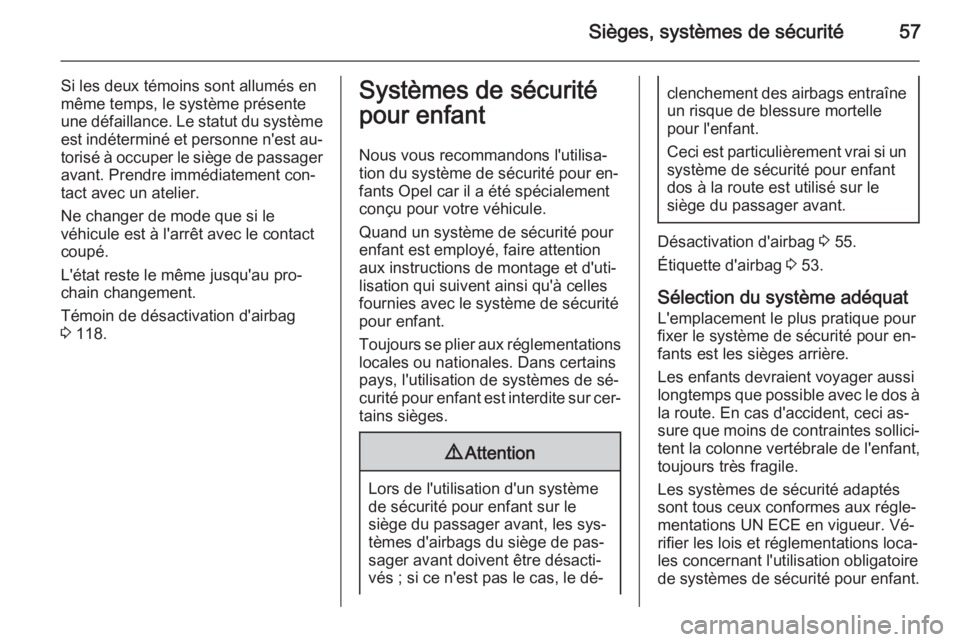 OPEL ASTRA J 2015.75  Manuel dutilisation (in French) Sièges, systèmes de sécurité57
Si les deux témoins sont allumés enmême temps, le système présente
une défaillance. Le statut du système
est indéterminé et personne n'est au‐ torisé