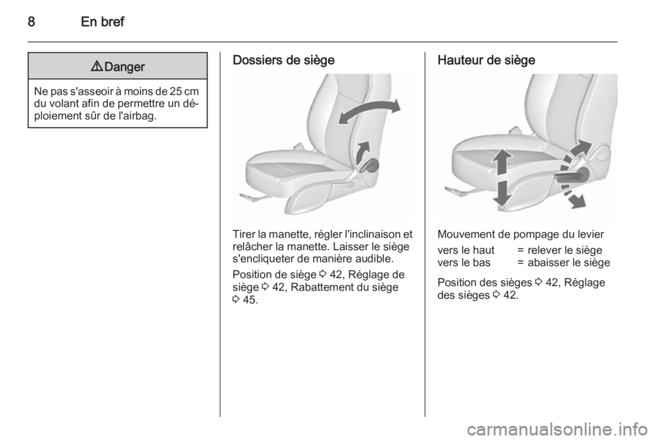 OPEL ASTRA J 2015.75  Manuel dutilisation (in French) 8En bref9Danger
Ne pas s'asseoir à moins de 25 cm
du volant afin de permettre un dé‐
ploiement sûr de l'airbag.
Dossiers de siège
Tirer la manette, régler l'inclinaison et
relâcher