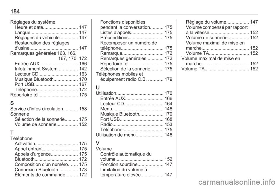OPEL ASTRA J 2016  Manuel multimédia (in French) 184Réglages du systèmeHeure et date .......................... 147
Langue .................................... 147
Réglages du véhicule ..............147
Restauration des réglages
d'usine ...