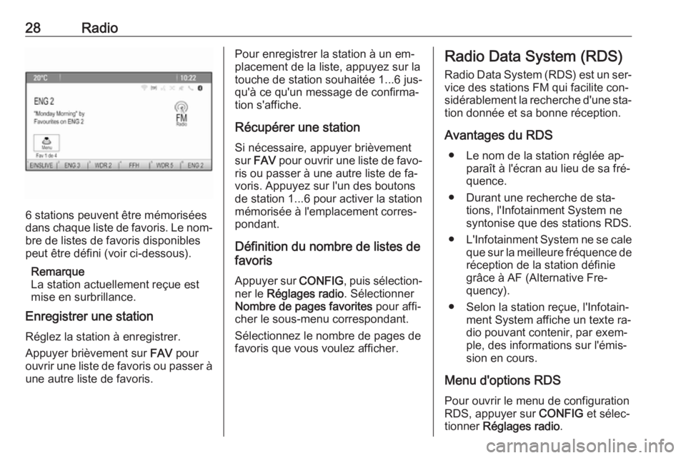 OPEL ASTRA J 2016  Manuel multimédia (in French) 28Radio
6 stations peuvent être mémorisées
dans chaque liste de favoris. Le nom‐ bre de listes de favoris disponibles
peut être défini (voir ci-dessous).
Remarque
La station actuellement reçue