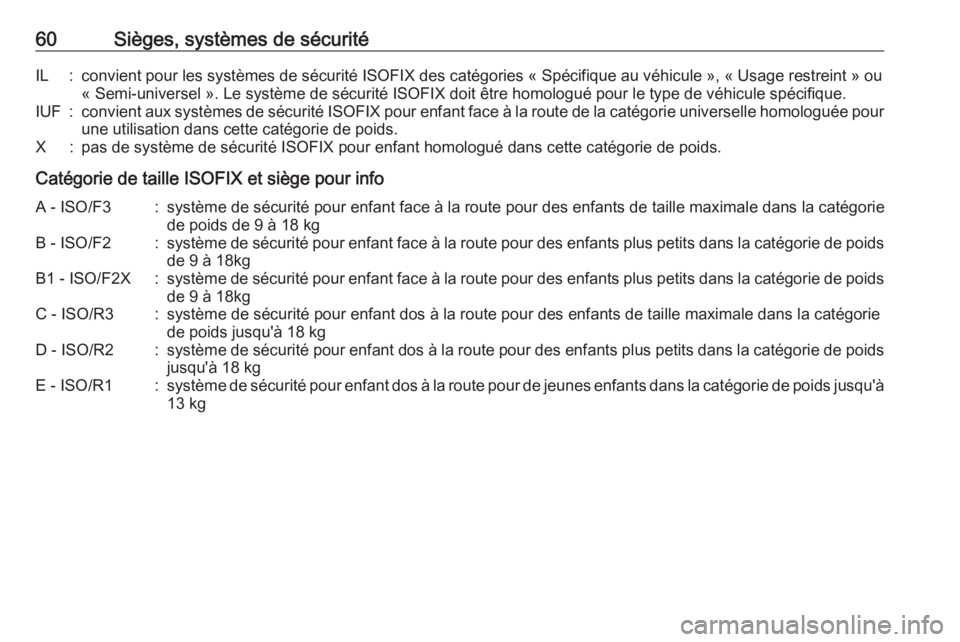 OPEL ASTRA J 2016 Manuel dutilisation (in French) 60Sièges, systèmes de sécuritéIL:convient pour les systèmes de sécurité ISOFIX des catégories « Spécifique au véhicule », « Usage restreint » ou« Semi-universel ». Le système de sécu OPEL ASTRA J 2016 Manuel dutilisation (in French) 60Sièges, systèmes de sécuritéIL:convient pour les systèmes de sécurité ISOFIX des catégories « Spécifique au véhicule », « Usage restreint » ou« Semi-universel ». Le système de sécu