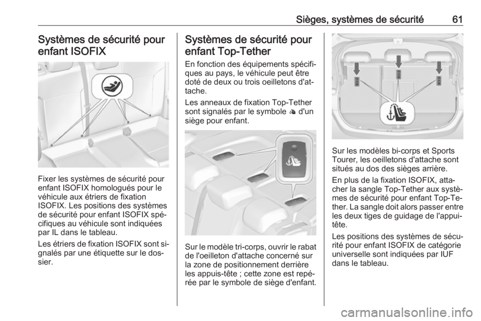 OPEL ASTRA J 2016 Manuel dutilisation (in French) Sièges, systèmes de sécurité61Systèmes de sécurité pourenfant ISOFIX
Fixer les systèmes de sécurité pour
enfant ISOFIX homologués pour le véhicule aux étriers de fixation
ISOFIX. Les posi OPEL ASTRA J 2016 Manuel dutilisation (in French) Sièges, systèmes de sécurité61Systèmes de sécurité pourenfant ISOFIX
Fixer les systèmes de sécurité pour
enfant ISOFIX homologués pour le véhicule aux étriers de fixation
ISOFIX. Les posi