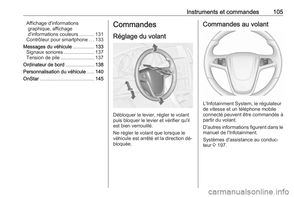 OPEL ASTRA J 2016.5  Manuel dutilisation (in French) Instruments et commandes105Affichage d'informationsgraphique, affichage
d'informations couleurs ..........131
Contrôleur pour smartphone ...133
Messages du véhicule ...............133
Signau