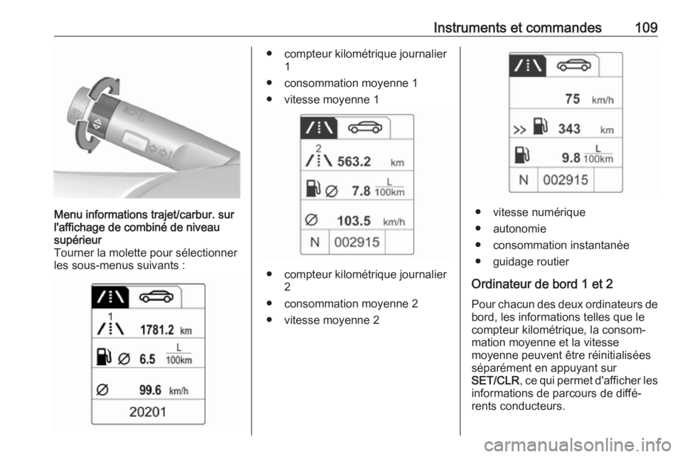 OPEL ASTRA J 2017  Manuel dutilisation (in French) Instruments et commandes109Menu informations trajet/carbur. sur
l'affichage de combiné de niveau
supérieur
Tourner la molette pour sélectionner
les sous-menus suivants :● compteur kilométriq