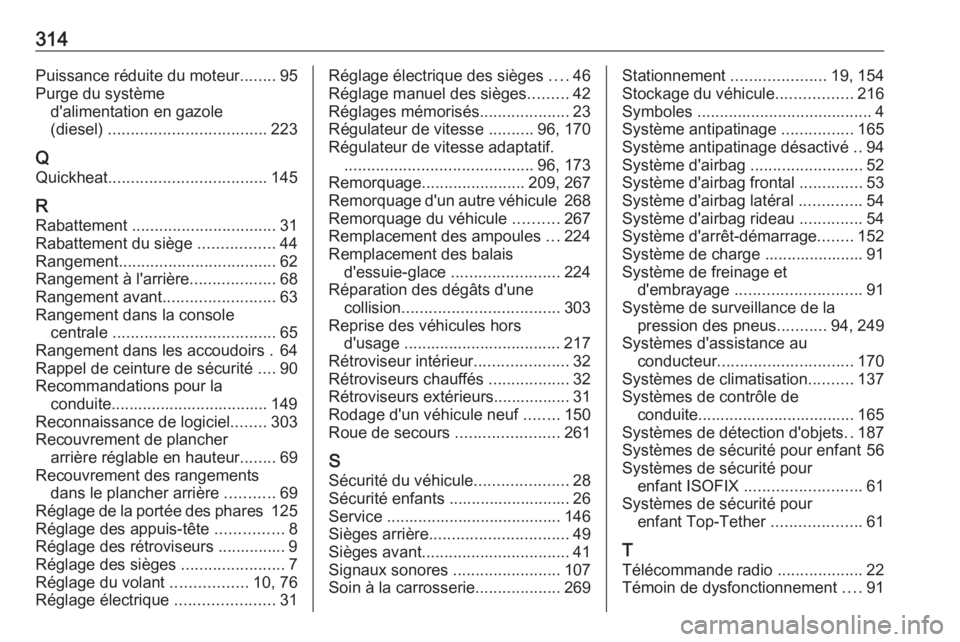 OPEL ASTRA J 2017 Manuel dutilisation (in French) 314Puissance réduite du moteur........95
Purge du système d'alimentation en gazole
(diesel) ................................... 223
Q Quickheat ................................... 145
R
Rabatte OPEL ASTRA J 2017 Manuel dutilisation (in French) 314Puissance réduite du moteur........95
Purge du système d'alimentation en gazole
(diesel) ................................... 223
Q Quickheat ................................... 145
R
Rabatte