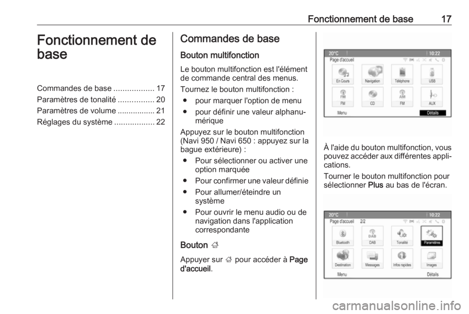 OPEL ASTRA J 2018  Manuel multimédia (in French) Fonctionnement de base17Fonctionnement de
baseCommandes de base ..................17
Paramètres de tonalité ................20
Paramètres de volume ................. 21
Réglages du système ......