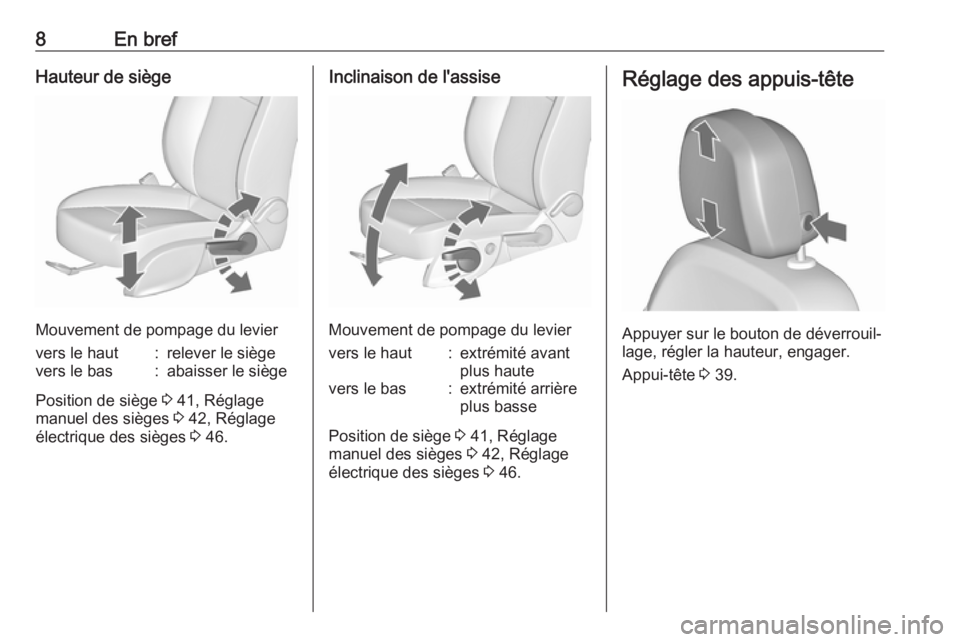 OPEL ASTRA J 2018  Manuel dutilisation (in French) 8En brefHauteur de siège
Mouvement de pompage du levier
vers le haut:relever le siègevers le bas:abaisser le siège
Position de siège 3 41, Réglage
manuel des sièges  3 42, Réglage
électrique d