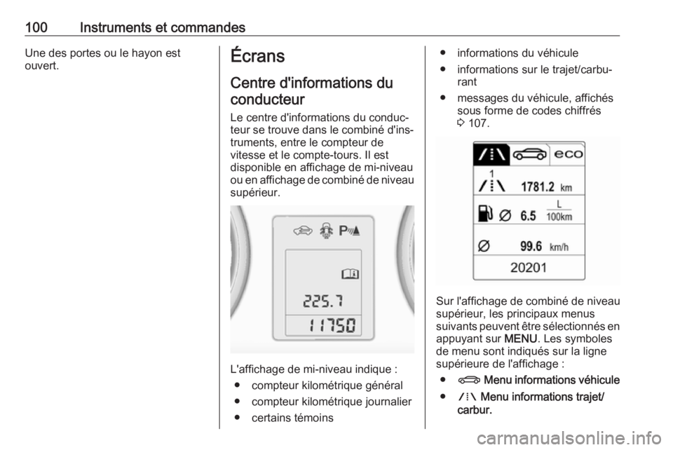 OPEL ASTRA J 2018.5  Manuel dutilisation (in French) 100Instruments et commandesUne des portes ou le hayon est
ouvert.Écrans
Centre d'informations du
conducteur
Le centre d'informations du conduc‐
teur se trouve dans le combiné d'ins‐
