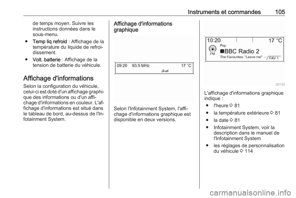 OPEL ASTRA J 2018.5 Manuel dutilisation (in French) Instruments et commandes105de temps moyen. Suivre les
instructions données dans le
sous-menu.
● Temp liq refroid : Affichage de la
température du liquide de refroi‐
dissement.
● Volt. batteri OPEL ASTRA J 2018.5 Manuel dutilisation (in French) Instruments et commandes105de temps moyen. Suivre les
instructions données dans le
sous-menu.
● Temp liq refroid : Affichage de la
température du liquide de refroi‐
dissement.
● Volt. batteri