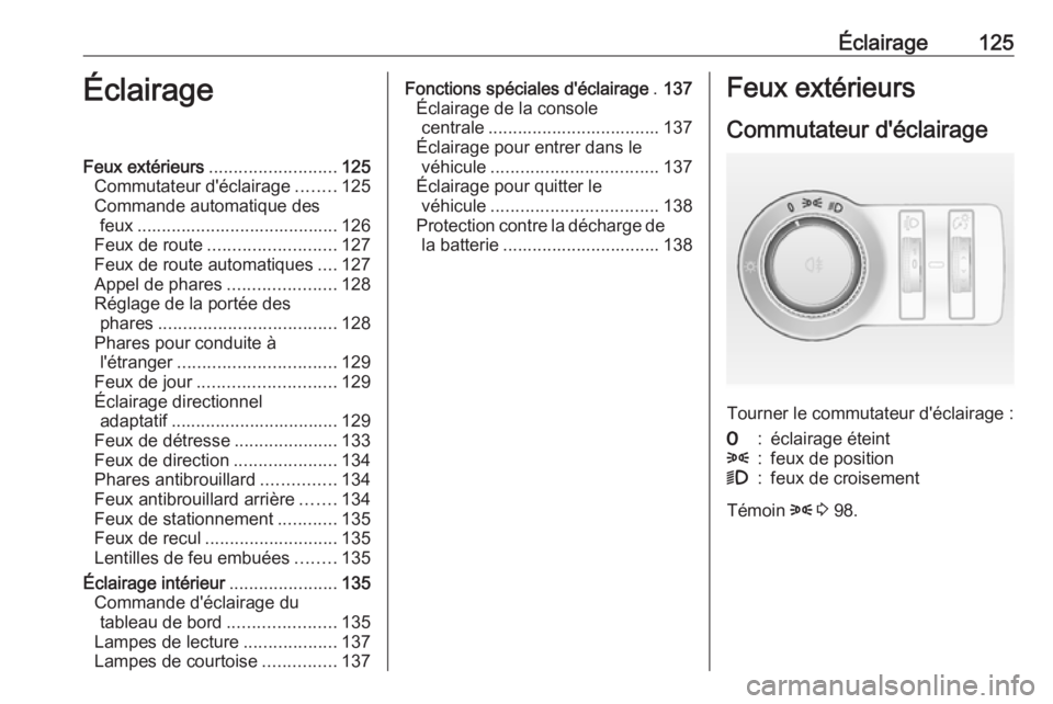 OPEL ASTRA J 2018.5  Manuel dutilisation (in French) Éclairage125ÉclairageFeux extérieurs.......................... 125
Commutateur d'éclairage ........125
Commande automatique des feux ......................................... 126
Feux de route