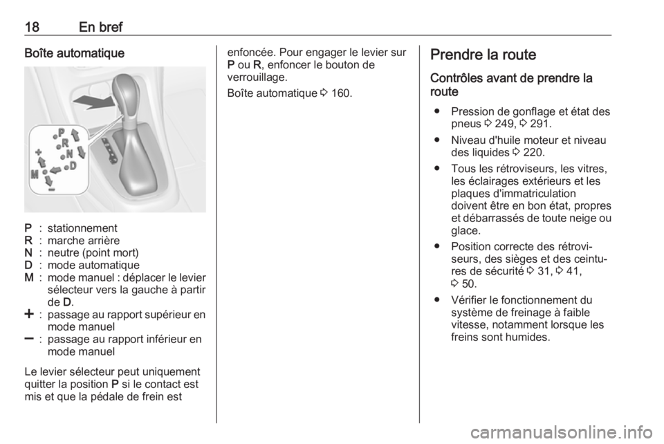 OPEL ASTRA J 2018.5 Manuel dutilisation (in French) 18En brefBoîte automatiqueP:stationnementR:marche arrièreN:neutre (point mort)D:mode automatiqueM:mode manuel : déplacer le levier
sélecteur vers la gauche à partir
de D.<:passage au rapport sup OPEL ASTRA J 2018.5 Manuel dutilisation (in French) 18En brefBoîte automatiqueP:stationnementR:marche arrièreN:neutre (point mort)D:mode automatiqueM:mode manuel : déplacer le levier
sélecteur vers la gauche à partir
de D.<:passage au rapport sup