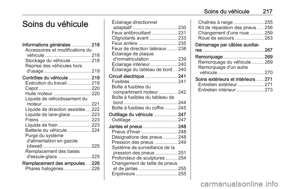 OPEL ASTRA J 2018.5  Manuel dutilisation (in French) Soins du véhicule217Soins du véhiculeInformations générales..............218
Accessoires et modifications du véhicule .................................. 218
Stockage du véhicule ..............21