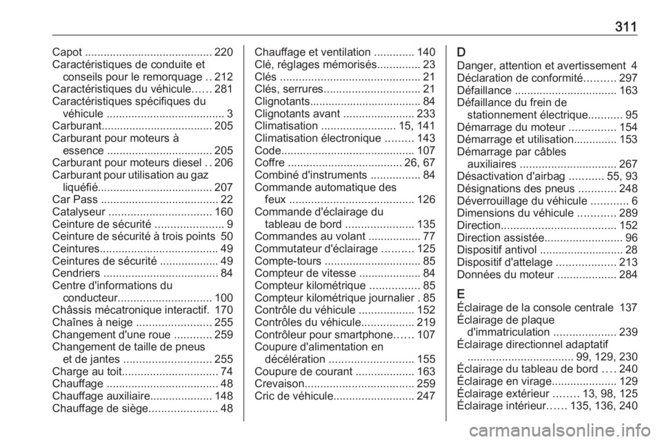 OPEL ASTRA J 2018.5  Manuel dutilisation (in French) 311Capot ......................................... 220
Caractéristiques de conduite et conseils pour le remorquage  ..212
Caractéristiques du véhicule ......281
Caractéristiques spécifiques du v�