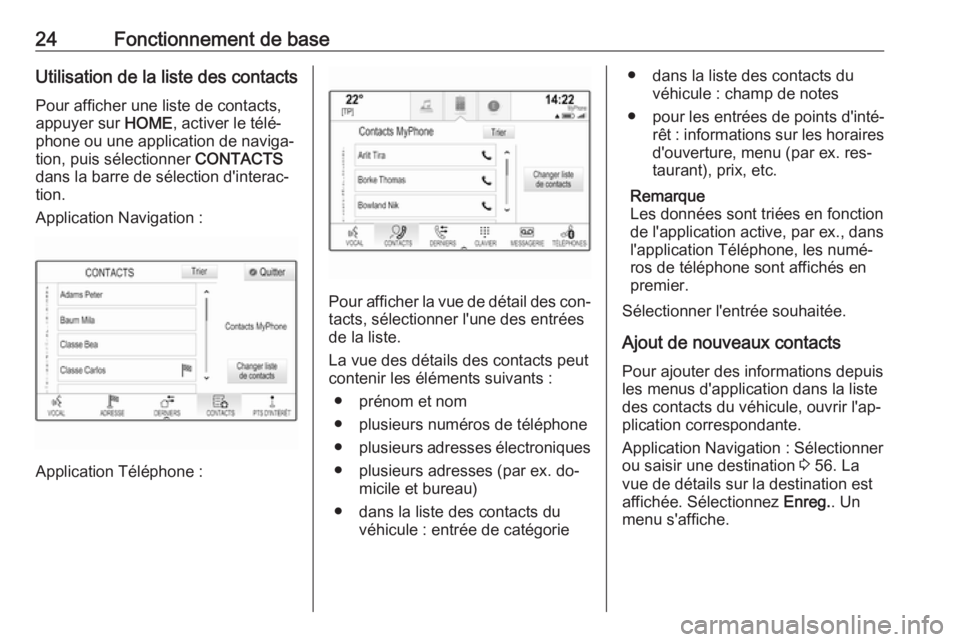 OPEL ASTRA K 2016 Manuel multimédia (in French) 24Fonctionnement de baseUtilisation de la liste des contactsPour afficher une liste de contacts,
appuyer sur HOME, activer le télé‐
phone ou une application de naviga‐ tion, puis sélectionner OPEL ASTRA K 2016 Manuel multimédia (in French) 24Fonctionnement de baseUtilisation de la liste des contactsPour afficher une liste de contacts,
appuyer sur HOME, activer le télé‐
phone ou une application de naviga‐ tion, puis sélectionner