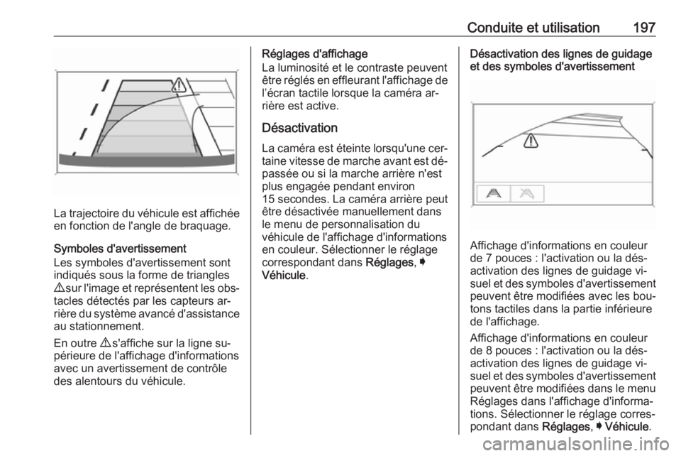 OPEL ASTRA K 2016 Manuel dutilisation (in French) Conduite et utilisation197
La trajectoire du véhicule est affichéeen fonction de l'angle de braquage.
Symboles d'avertissement
Les symboles d'avertissement sont
indiqués sous la forme d OPEL ASTRA K 2016 Manuel dutilisation (in French) Conduite et utilisation197
La trajectoire du véhicule est affichéeen fonction de l'angle de braquage.
Symboles d'avertissement
Les symboles d'avertissement sont
indiqués sous la forme d