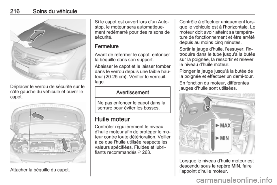 OPEL ASTRA K 2016 Manuel dutilisation (in French) 216Soins du véhicule
Déplacer le verrou de sécurité sur le
côté gauche du véhicule et ouvrir le
capot.
Attacher la béquille du capot.
Si le capot est ouvert lors d'un Auto‐
stop, le mote OPEL ASTRA K 2016 Manuel dutilisation (in French) 216Soins du véhicule
Déplacer le verrou de sécurité sur le
côté gauche du véhicule et ouvrir le
capot.
Attacher la béquille du capot.
Si le capot est ouvert lors d'un Auto‐
stop, le mote
