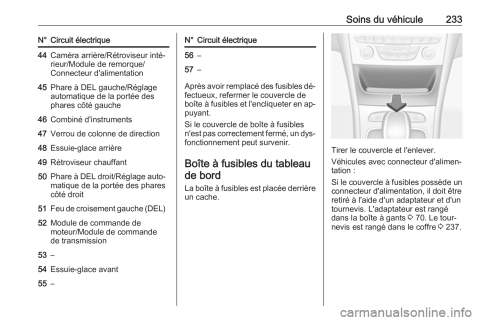 OPEL ASTRA K 2016 Manuel dutilisation (in French) Soins du véhicule233N°Circuit électrique44Caméra arrière/Rétroviseur inté‐
rieur/Module de remorque/
Connecteur d'alimentation45Phare à DEL gauche/Réglage
automatique de la portée des
OPEL ASTRA K 2016 Manuel dutilisation (in French) Soins du véhicule233N°Circuit électrique44Caméra arrière/Rétroviseur inté‐
rieur/Module de remorque/
Connecteur d'alimentation45Phare à DEL gauche/Réglage
automatique de la portée des