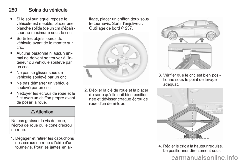 OPEL ASTRA K 2016 Manuel dutilisation (in French) 250Soins du véhicule● Si le sol sur lequel repose levéhicule est meuble, placer une
planche solide (de un cm d'épais‐
seur au maximum) sous le cric.
● Sortir les objets lourds du véhicul OPEL ASTRA K 2016 Manuel dutilisation (in French) 250Soins du véhicule● Si le sol sur lequel repose levéhicule est meuble, placer une
planche solide (de un cm d'épais‐
seur au maximum) sous le cric.
● Sortir les objets lourds du véhicul