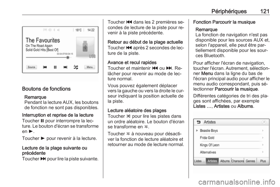 OPEL ASTRA K 2016.5  Manuel multimédia (in French) Périphériques121
Boutons de fonctionsRemarque
Pendant la lecture AUX, les boutons de fonction ne sont pas disponibles.
Interruption et reprise de la lecture
Toucher  = pour interrompre la lec‐
tur OPEL ASTRA K 2016.5  Manuel multimédia (in French) Périphériques121
Boutons de fonctionsRemarque
Pendant la lecture AUX, les boutons de fonction ne sont pas disponibles.
Interruption et reprise de la lecture
Toucher  = pour interrompre la lec‐
tur