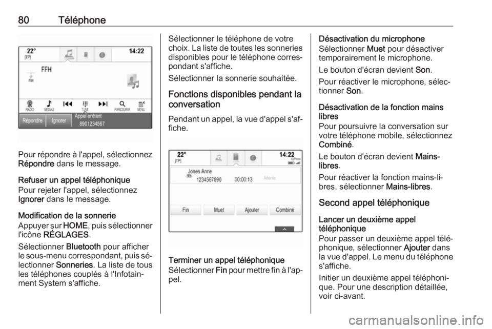 OPEL ASTRA K 2016.5  Manuel multimédia (in French) 80Téléphone
Pour répondre à l'appel, sélectionnezRépondre  dans le message.
Refuser un appel téléphonique
Pour rejeter l'appel, sélectionnez
Ignorer  dans le message.
Modification de 