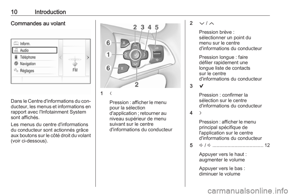 OPEL ASTRA K 2016.5  Manuel multimédia (in French) 10IntroductionCommandes au volant
Dans le Centre d'informations du con‐ducteur, les menus et informations en
rapport avec l'Infotainment System
sont affichés.
Les menus du centre d'info