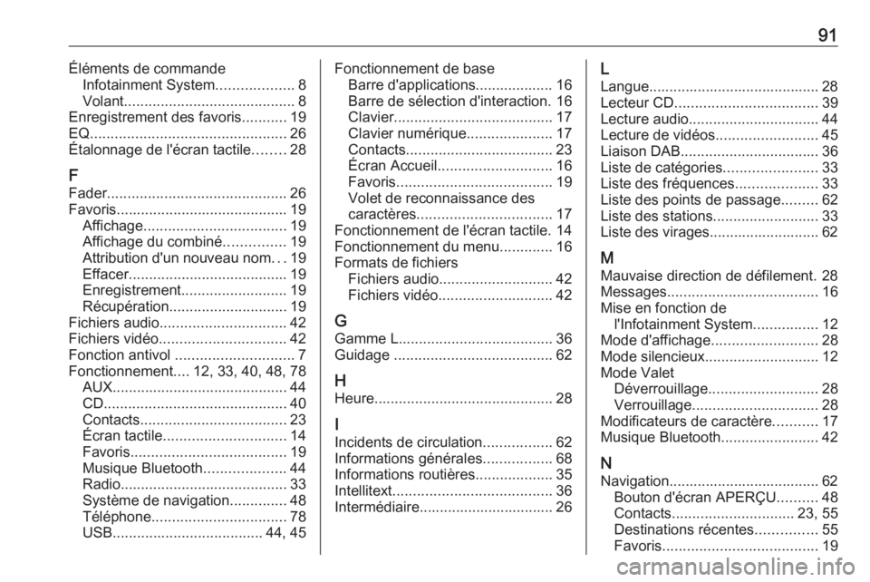 OPEL ASTRA K 2016.5  Manuel multimédia (in French) 91Éléments de commandeInfotainment System ...................8
Volant .......................................... 8
Enregistrement des favoris ...........19
EQ ....................................... OPEL ASTRA K 2016.5  Manuel multimédia (in French) 91Éléments de commandeInfotainment System ...................8
Volant .......................................... 8
Enregistrement des favoris ...........19
EQ .......................................