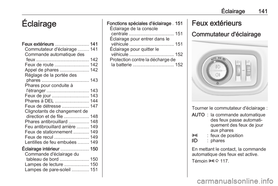 OPEL ASTRA K 2016.5 Manuel dutilisation (in French) Éclairage141ÉclairageFeux extérieurs.......................... 141
Commutateur d'éclairage ........141
Commande automatique des feux ......................................... 142
Feux de route OPEL ASTRA K 2016.5 Manuel dutilisation (in French) Éclairage141ÉclairageFeux extérieurs.......................... 141
Commutateur d'éclairage ........141
Commande automatique des feux ......................................... 142
Feux de route