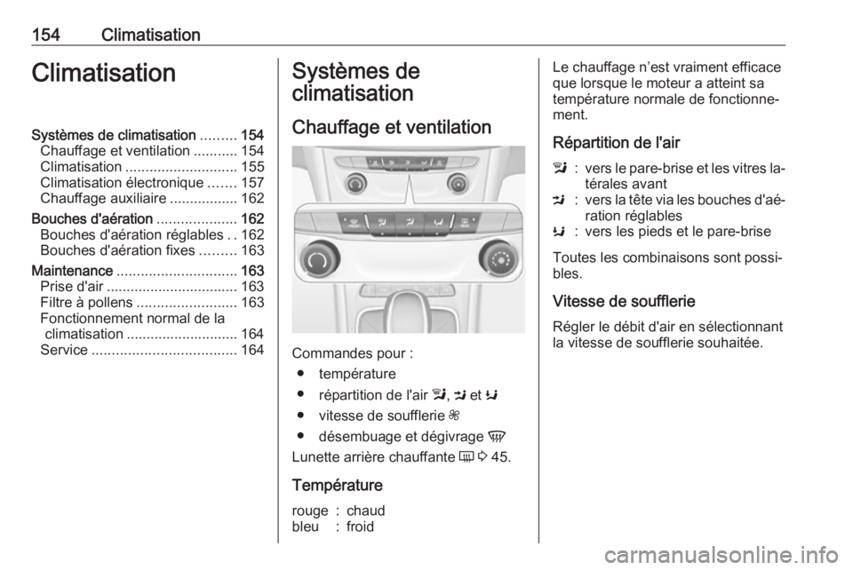 OPEL ASTRA K 2016.5  Manuel dutilisation (in French) 154ClimatisationClimatisationSystèmes de climatisation.........154
Chauffage et ventilation ...........154
Climatisation ............................ 155
Climatisation électronique .......157
Chauff