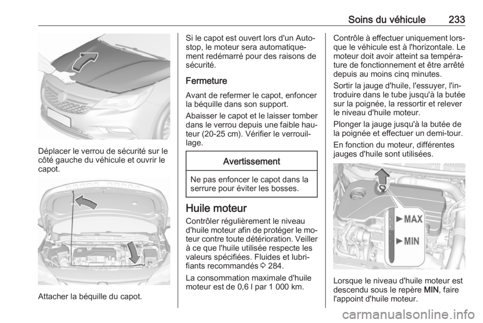 OPEL ASTRA K 2016.5 Manuel dutilisation (in French) Soins du véhicule233
Déplacer le verrou de sécurité sur le
côté gauche du véhicule et ouvrir le
capot.
Attacher la béquille du capot.
Si le capot est ouvert lors d'un Auto‐
stop, le mote OPEL ASTRA K 2016.5 Manuel dutilisation (in French) Soins du véhicule233
Déplacer le verrou de sécurité sur le
côté gauche du véhicule et ouvrir le
capot.
Attacher la béquille du capot.
Si le capot est ouvert lors d'un Auto‐
stop, le mote