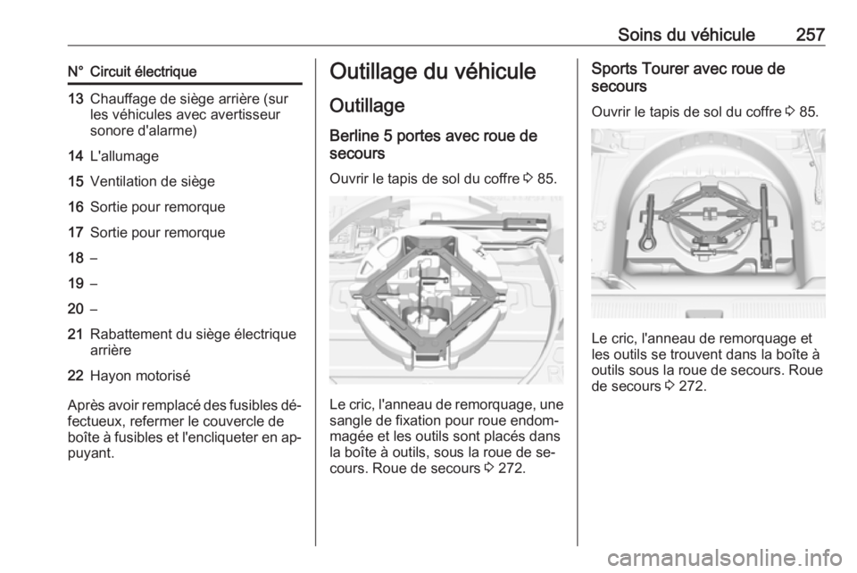 OPEL ASTRA K 2016.5 Manuel dutilisation (in French) Soins du véhicule257N°Circuit électrique13Chauffage de siège arrière (sur
les véhicules avec avertisseur
sonore d'alarme)14L'allumage15Ventilation de siège16Sortie pour remorque17Sortie OPEL ASTRA K 2016.5 Manuel dutilisation (in French) Soins du véhicule257N°Circuit électrique13Chauffage de siège arrière (sur
les véhicules avec avertisseur
sonore d'alarme)14L'allumage15Ventilation de siège16Sortie pour remorque17Sortie
