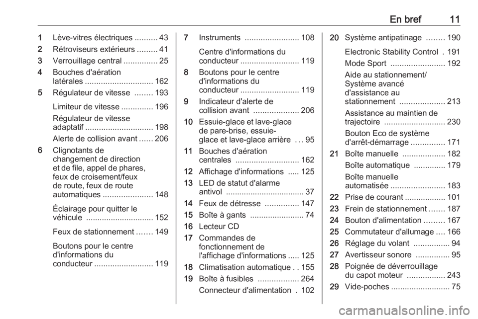 OPEL ASTRA K 2017  Manuel dutilisation (in French) En bref111Lève-vitres électriques ..........43
2 Rétroviseurs extérieurs .........41
3 Verrouillage central ...............25
4 Bouches d'aération
latérales .............................. 16