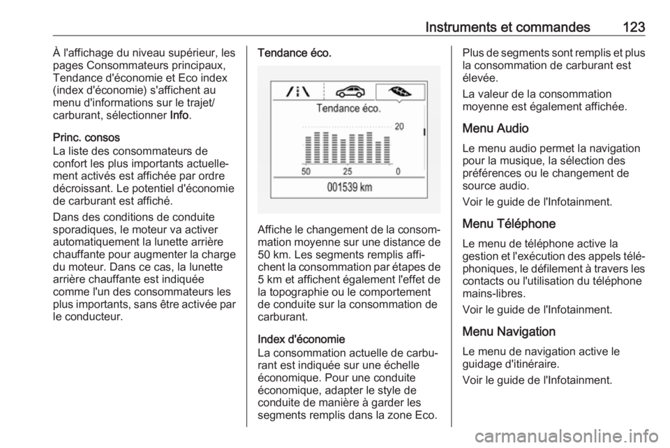 OPEL ASTRA K 2017 Manuel dutilisation (in French) Instruments et commandes123À l'affichage du niveau supérieur, les
pages Consommateurs principaux,
Tendance d'économie et Eco index (index d'économie) s'affichent au
menu d'info OPEL ASTRA K 2017 Manuel dutilisation (in French) Instruments et commandes123À l'affichage du niveau supérieur, les
pages Consommateurs principaux,
Tendance d'économie et Eco index (index d'économie) s'affichent au
menu d'info