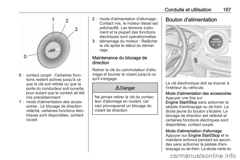 OPEL ASTRA K 2017 Manuel dutilisation (in French) Conduite et utilisation1670:contact coupé : Certaines fonc‐
tions restent actives jusqu'à ce
que la clé soit retirée ou que la
porte du conducteur soit ouverte,
pour autant que le contact ai OPEL ASTRA K 2017 Manuel dutilisation (in French) Conduite et utilisation1670:contact coupé : Certaines fonc‐
tions restent actives jusqu'à ce
que la clé soit retirée ou que la
porte du conducteur soit ouverte,
pour autant que le contact ai