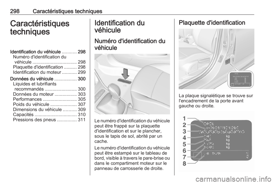 OPEL ASTRA K 2017 Manuel dutilisation (in French) 298Caractéristiques techniquesCaractéristiques
techniquesIdentification du véhicule ...........298
Numéro d'identification du véhicule .................................. 298
Plaquette d'i OPEL ASTRA K 2017 Manuel dutilisation (in French) 298Caractéristiques techniquesCaractéristiques
techniquesIdentification du véhicule ...........298
Numéro d'identification du véhicule .................................. 298
Plaquette d'i