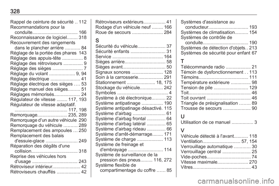 OPEL ASTRA K 2017  Manuel dutilisation (in French) 328Rappel de ceinture de sécurité ..112
Recommandations pour la conduite................................... 166
Reconnaissance de logiciel ........318
Recouvrement des rangements dans le plancher ar