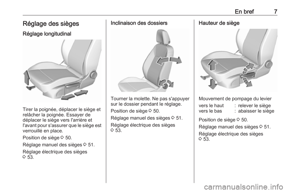 OPEL ASTRA K 2017  Manuel dutilisation (in French) En bref7Réglage des siègesRéglage longitudinal
Tirer la poignée, déplacer le siège et
relâcher la poignée. Essayer de
déplacer le siège vers l'arrière et
l'avant pour s'assurer 