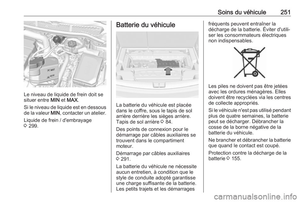 OPEL ASTRA K 2017.5  Manuel dutilisation (in French) Soins du véhicule251
Le niveau de liquide de frein doit se
situer entre  MIN et MAX .
Si le niveau de liquide est en dessous
de la valeur  MIN, contacter un atelier.
Liquide de frein / d'embrayag