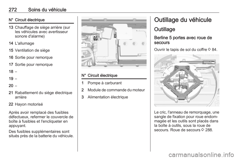OPEL ASTRA K 2017.5  Manuel dutilisation (in French) 272Soins du véhiculeN°Circuit électrique13Chauffage de siège arrière (sur
les véhicules avec avertisseur
sonore d'alarme)14L'allumage15Ventilation de siège16Sortie pour remorque17Sortie