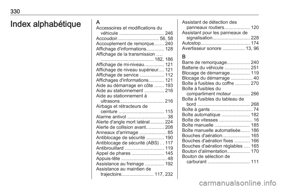 OPEL ASTRA K 2017.5 Manuel dutilisation (in French) 330Index alphabétiqueAAccessoires et modifications du véhicule .................................. 246
Accoudoir................................ 56, 58
Accouplement de remorque .......240
Affichage OPEL ASTRA K 2017.5 Manuel dutilisation (in French) 330Index alphabétiqueAAccessoires et modifications du véhicule .................................. 246
Accoudoir................................ 56, 58
Accouplement de remorque .......240
Affichage
