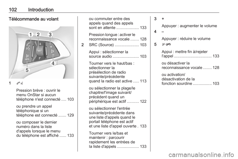 OPEL ASTRA K 2018 Manuel multimédia (in French) 102IntroductionTélécommande au volant
1qw
Pression brève : ouvrir le
menu OnStar si aucun
téléphone n'est connecté ....103
ou prendre un appel
téléphonique si un
téléphone est connecté OPEL ASTRA K 2018 Manuel multimédia (in French) 102IntroductionTélécommande au volant
1qw
Pression brève : ouvrir le
menu OnStar si aucun
téléphone n'est connecté ....103
ou prendre un appel
téléphonique si un
téléphone est connecté
