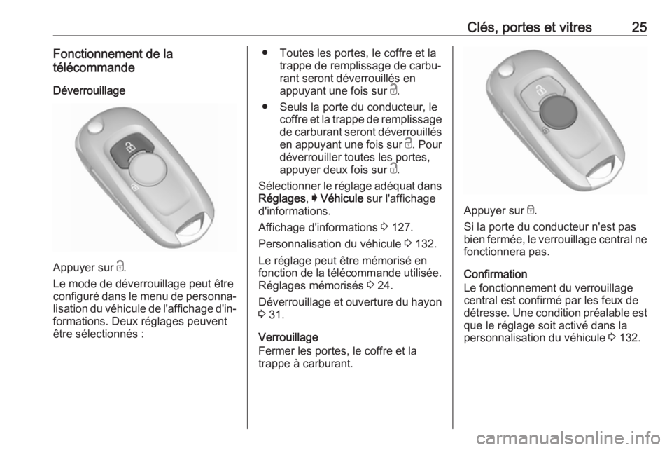 OPEL ASTRA K 2018  Manuel dutilisation (in French) Clés, portes et vitres25Fonctionnement de la
télécommande
Déverrouillage
Appuyer sur  c.
Le mode de déverrouillage peut être
configuré dans le menu de personna‐
lisation du véhicule de l'