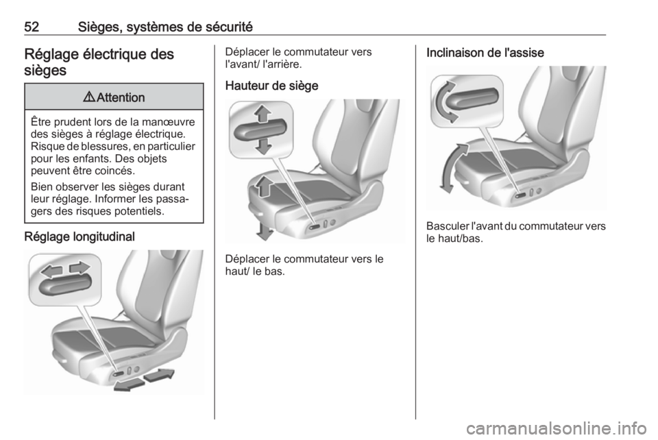 OPEL ASTRA K 2018  Manuel dutilisation (in French) 52Sièges, systèmes de sécuritéRéglage électrique dessièges9 Attention
Être prudent lors de la manœuvre
des sièges à réglage électrique.
Risque de blessures, en particulier pour les enfant